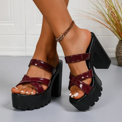 2025 Summer High Heels Slides Ladies Block Heel Platform Slippers Women Wedding Shoes New Big Size Thick Bottom Heel Slippers