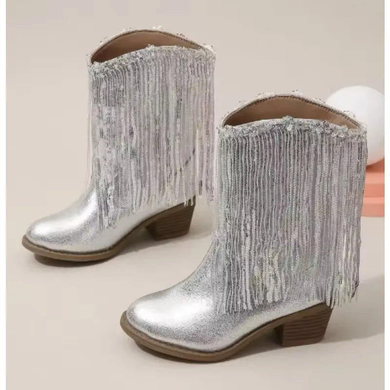 Children Boots Versatile Tassels Pink Elegant 2025 New Performance Girls Boots Low Heels Shiny Solid Color Britain Princess Boot