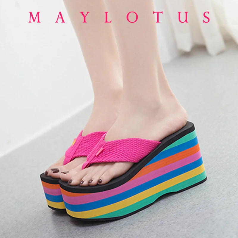 Women Flip Flops Beach Shoes Wedge Sandals High 10CM Heels Casual Peep Toe Platform Slippers Rainbow Summer Woman Slippers