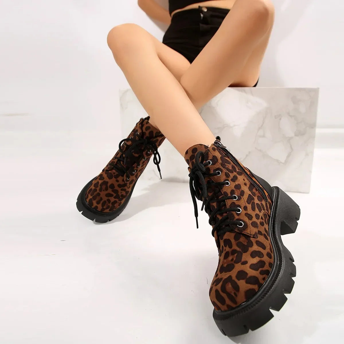 Sexy Leopard Ankle Boots for Women Autumn Winter 2024 Low Square Heels Plus Size 43 Short Booties Shoes Woman Motorcycle Boots