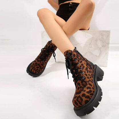 Sexy Leopard Ankle Boots for Women Autumn Winter 2024 Low Square Heels Plus Size 43 Short Booties Shoes Woman Motorcycle Boots