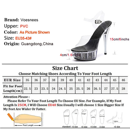 15CM Stiletto Stripper Pole Dance Shoes Glitters Platform Summer Transparent PVC Gladiator Sexy Sandals Women Crystal High Heels