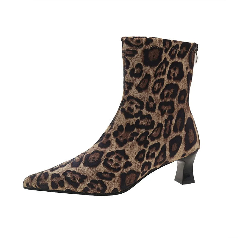 Designer Leopard Print shoes for Women Ankle Boots Fashion Pointed Toe Short Booties Concise Thick Heels Botas De Mujer