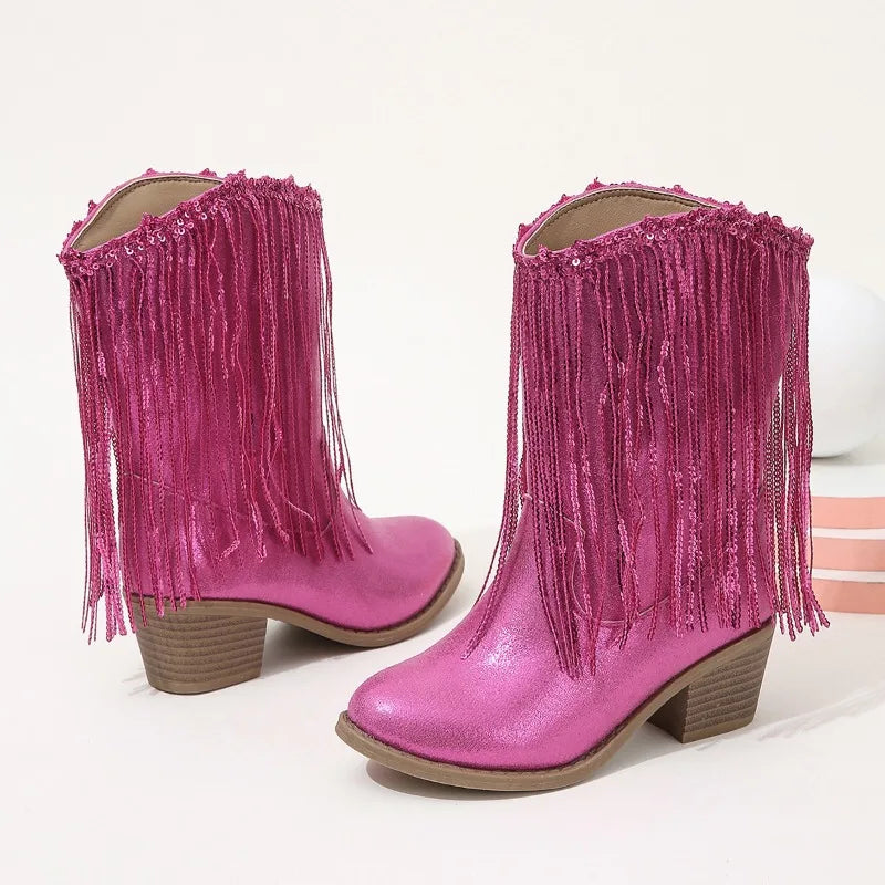 Children Boots Versatile Tassels Pink Elegant 2025 New Performance Girls Boots Low Heels Shiny Solid Color Britain Princess Boot