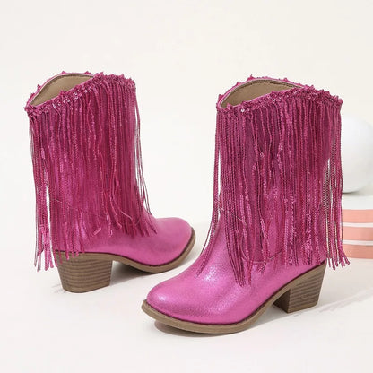 Children Boots Versatile Tassels Pink Elegant 2025 New Performance Girls Boots Low Heels Shiny Solid Color Britain Princess Boot
