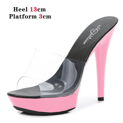 Stripper Heels Slipper female SANDAL WOMAN Summer PVC Slides Waterproof 13cm Thick Bottomed Nightclub Sexy High-heeled  Platform