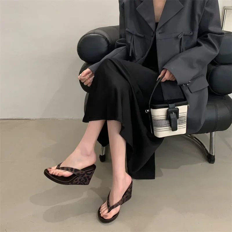 Summer Leopard Print Slides Clip Toe Platform sandals Wedges Women Slippers Fashion Thick Bottom High Heels Flip Flops Shoes