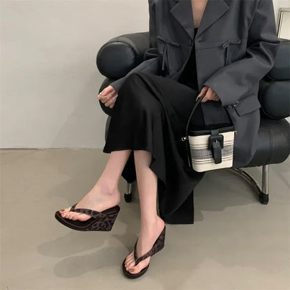 Summer Leopard Print Slides Clip Toe Platform sandals Wedges Women Slippers Fashion Thick Bottom High Heels Flip Flops Shoes