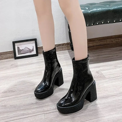 2025 New Platform Women Ankle Boots Leather Fashion High Heels Shoes Trend Designer Classic Chunky Pumps Goth Winter Botas Mujer
