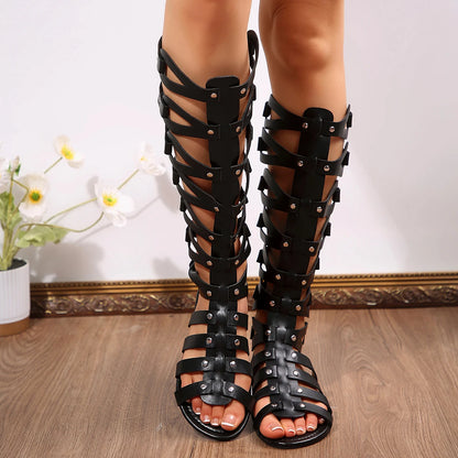 Summer Sexy Belt-buckle Cool Boots for Women New Hollowed-out High-top Roman Flat Anti-slip High-top Boots