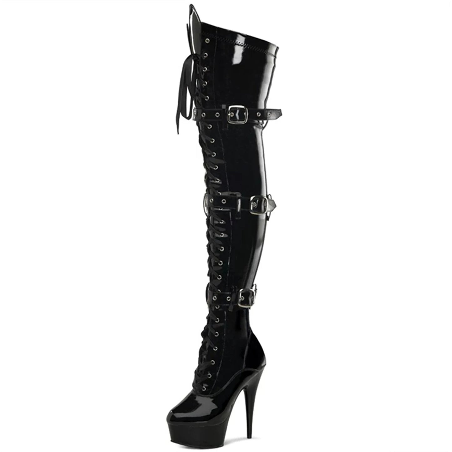 15CM Stripper Knee Boots | Steel Pipe Dance Knee Boots | Black Strapped Thigh Boots | Suitable for stage dancing in nightclubs