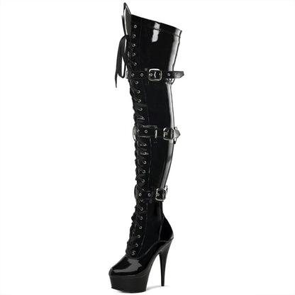 15CM Stripper Knee Boots | Steel Pipe Dance Knee Boots | Black Strapped Thigh Boots | Suitable for stage dancing in nightclubs