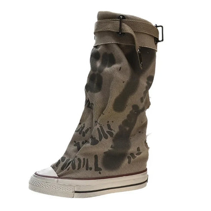 High Top Canvas Boots for Women Trend Long Boot Graffiti Flats Casual Vulcanized Shoes 2024 New Trouser Barrel Stacking Boots