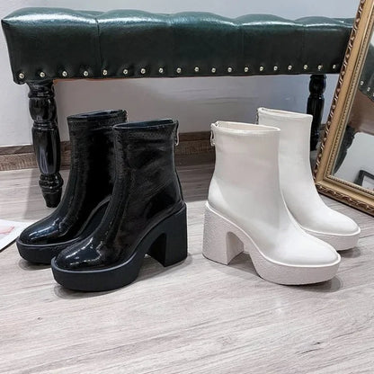 2025 New Platform Women Ankle Boots Leather Fashion High Heels Shoes Trend Designer Classic Chunky Pumps Goth Winter Botas Mujer