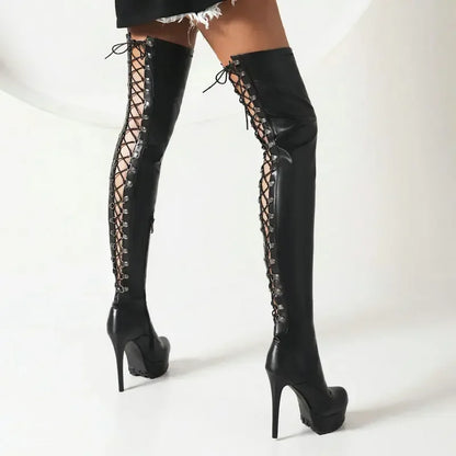 Sexy Club Stripper Heels Back Lace-up Platform Thin High Heeled Womens Overknees Cross-tied Over-the-knee Thigh Stretch Boots