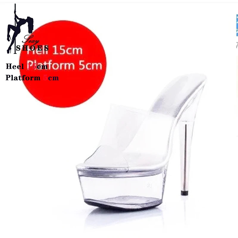 New Women Slippers Fashion Female Models Station Catwalk Show Sexy Crystal Transparent Shoes Summer 15cm Thin High Heels Sandals