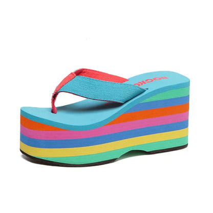 Women Flip Flops Beach Shoes Wedge Sandals High 10CM Heels Casual Peep Toe Platform Slippers Rainbow Summer Woman Slippers