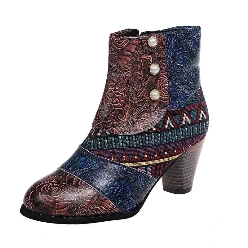 Vintage Splicing Printed Ankle Boots for Women Shoes Female PU Leather Retro Block High Heels Bohemian Ladies Winter Short Boots