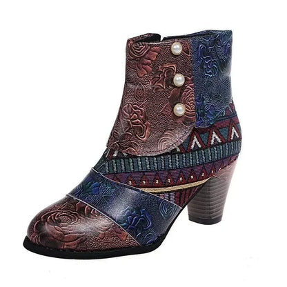 Vintage Splicing Printed Ankle Boots for Women Shoes Female PU Leather Retro Block High Heels Bohemian Ladies Winter Short Boots