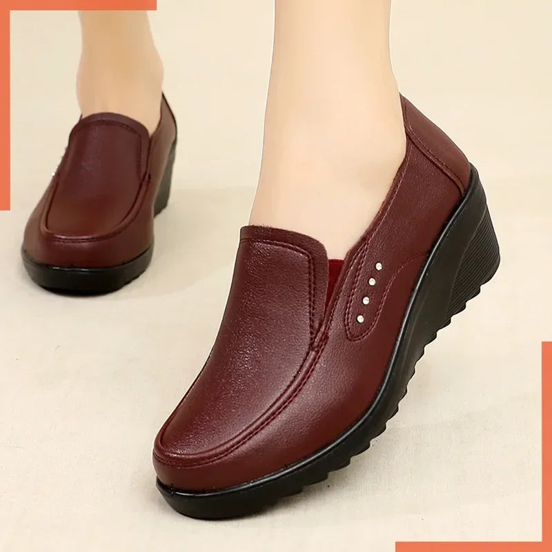 Spring Autumn Women's Wedges Pumps Fashion Pumps Shoes Woman Genuine Leather Wedge Single Casual Shoes Mother High Heels Shoes