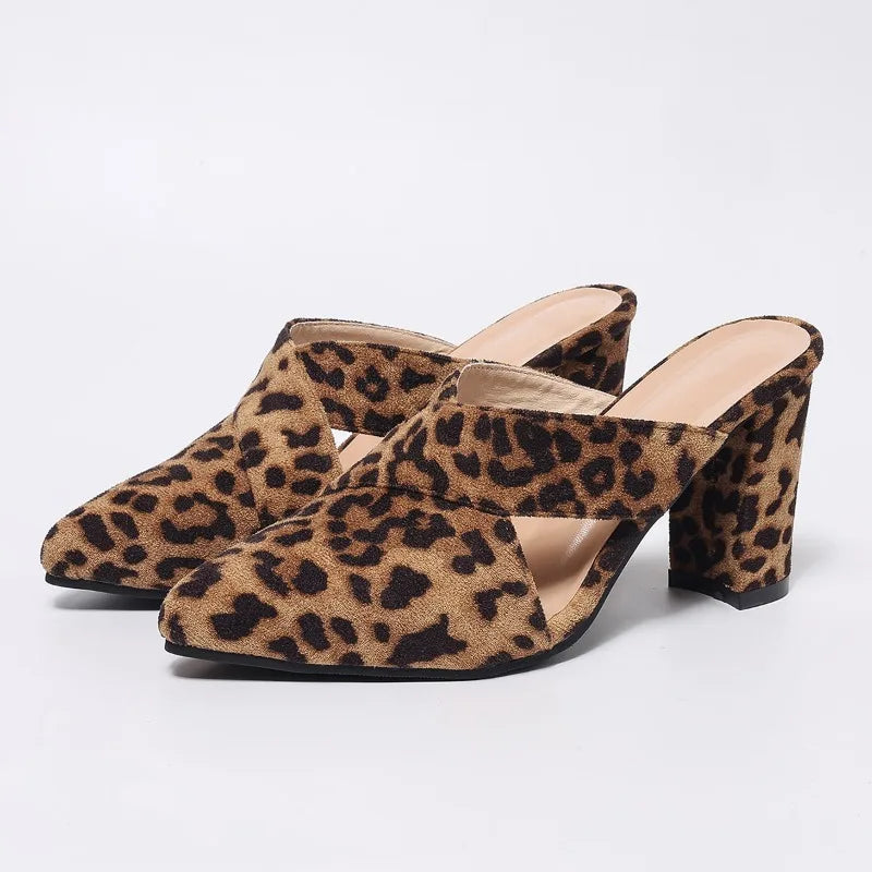 Women Leopard Heels Slippers Summer Fashion Suede Cross Strap High Heels Big Size Ladies Elegant Pointed Toe Slingback Sandals