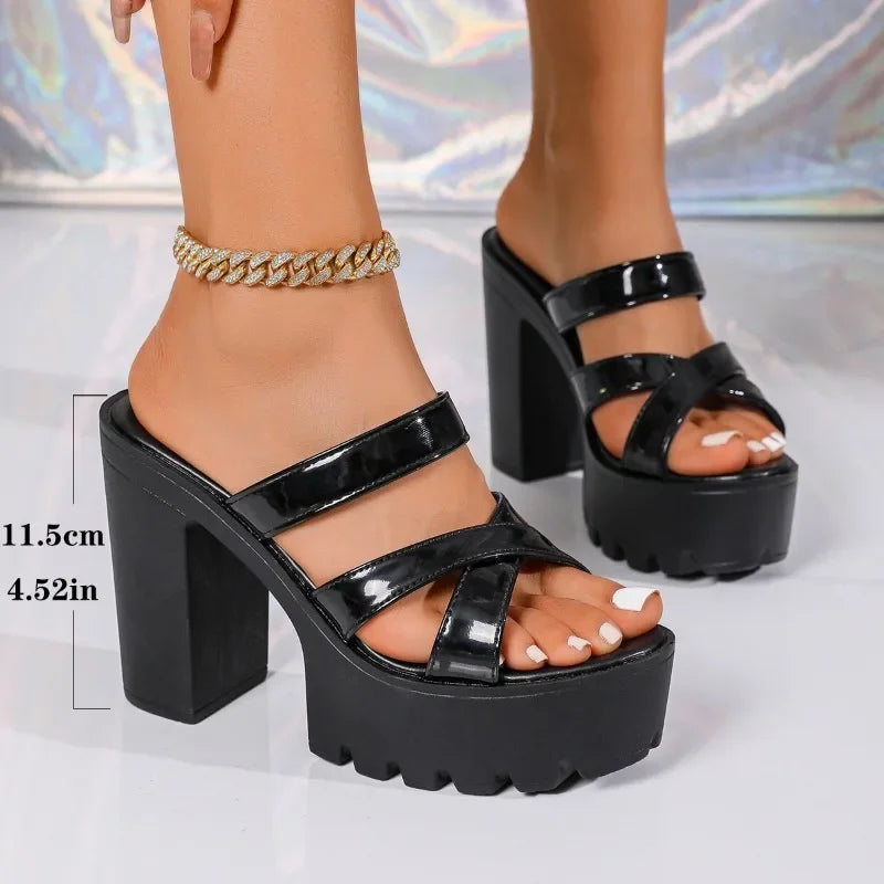 2025 Summer High Heels Slides Ladies Block Heel Platform Slippers Women Wedding Shoes New Big Size Thick Bottom Heel Slippers
