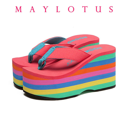 Women Flip Flops Beach Shoes Wedge Sandals High 10CM Heels Casual Peep Toe Platform Slippers Rainbow Summer Woman Slippers