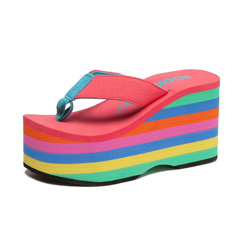 Women Flip Flops Beach Shoes Wedge Sandals High 10CM Heels Casual Peep Toe Platform Slippers Rainbow Summer Woman Slippers