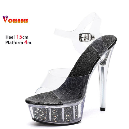 15CM Stiletto Stripper Pole Dance Shoes Glitters Platform Summer Transparent PVC Gladiator Sexy Sandals Women Crystal High Heels