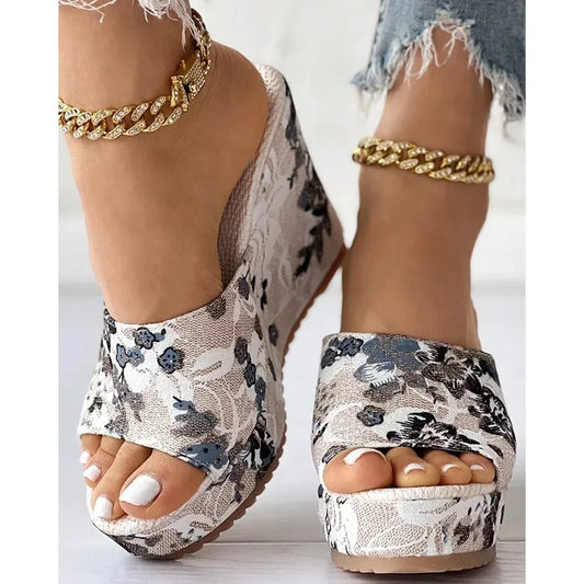 Slippers Women's Platform Vintage Floral Print Peep Toe Wedge Women's High Heels Floral Print Women's Slippers Summer Shoes