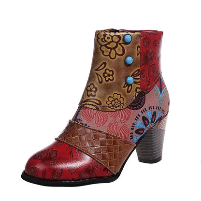 Vintage Splicing Printed Ankle Boots for Women Shoes Female PU Leather Retro Block High Heels Bohemian Ladies Winter Short Boots