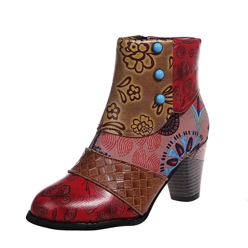 Vintage Splicing Printed Ankle Boots for Women Shoes Female PU Leather Retro Block High Heels Bohemian Ladies Winter Short Boots