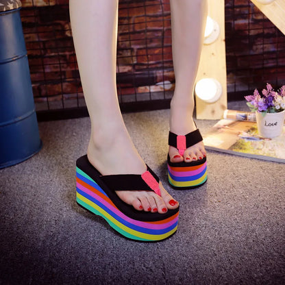 Women Flip Flops Beach Shoes Wedge Sandals High 10CM Heels Casual Peep Toe Platform Slippers Rainbow Summer Woman Slippers