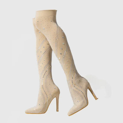 2024 Winter Street Style Sexy Stretch Fabric Knee-high Boots for Women Design Crystal Pointed Toe Stiletto Striptease High Heels