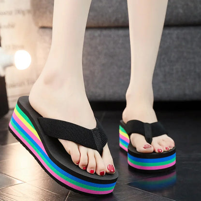 Slippers Women Summer Rainbow Thick Soled Sandals Colorful High Heels Outside Casual EVA Beach Flip Flops Women Chanclas Mujer