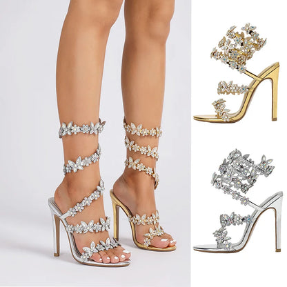 MM Stiletto Appliques Chain Strap Sandals Round Tote Rhinestone Thin Heel Butterfly Heels Women Shiny Tassel Leg Wrap Sandals