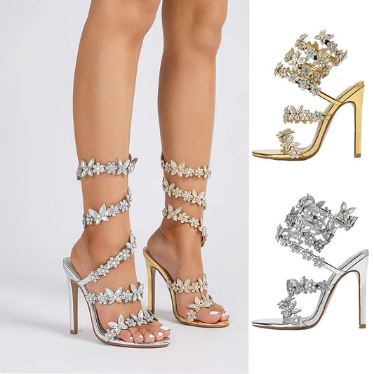 MM Stiletto Appliques Chain Strap Sandals Round Tote Rhinestone Thin Heel Butterfly Heels Women Shiny Tassel Leg Wrap Sandals