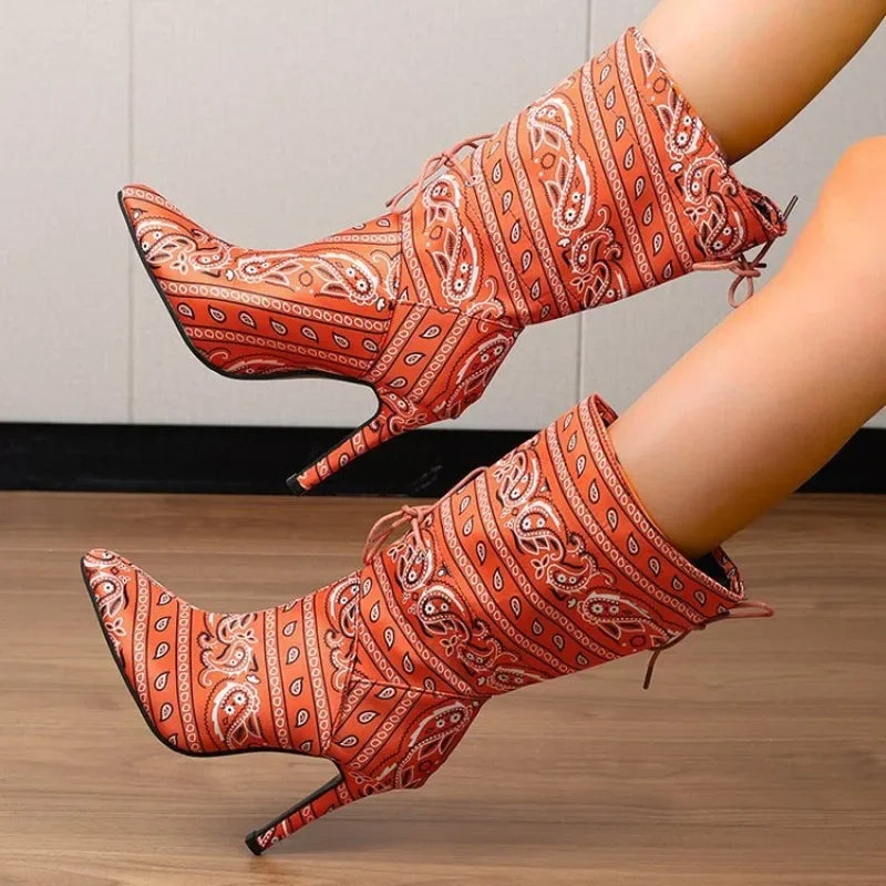 Pointed Toe Mid Calf Boots for Women Camouflage Print Stiletto Lace Up Women's Shoes High Heels 2024 New Botas Mujer 2024