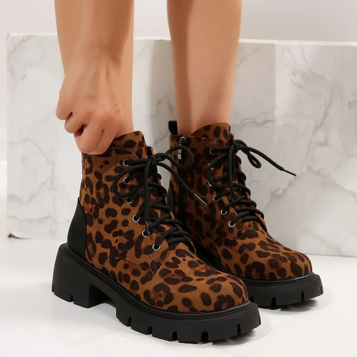 Sexy Leopard Ankle Boots for Women Autumn Winter 2024 Low Square Heels Plus Size 43 Short Booties Shoes Woman Motorcycle Boots
