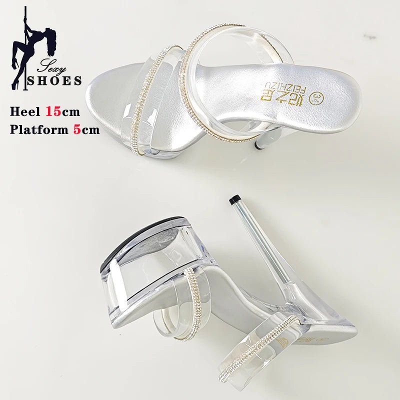 New Women Slippers Fashion Female Models Station Catwalk Show Sexy Crystal Transparent Shoes Summer 15cm Thin High Heels Sandals
