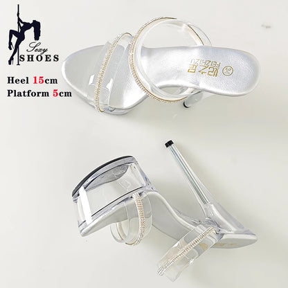 New Women Slippers Fashion Female Models Station Catwalk Show Sexy Crystal Transparent Shoes Summer 15cm Thin High Heels Sandals