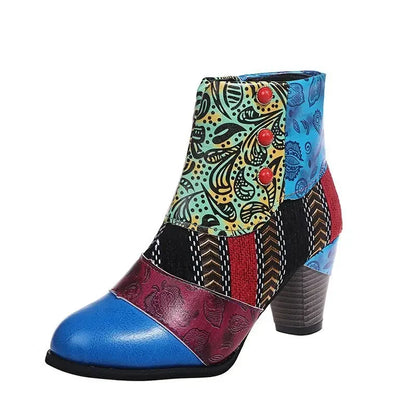 Vintage Splicing Printed Ankle Boots for Women Shoes Female PU Leather Retro Block High Heels Bohemian Ladies Winter Short Boots