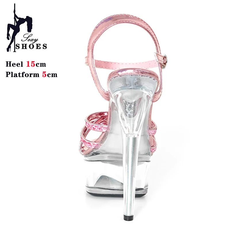 New Women Slippers Fashion Female Models Station Catwalk Show Sexy Crystal Transparent Shoes Summer 15cm Thin High Heels Sandals