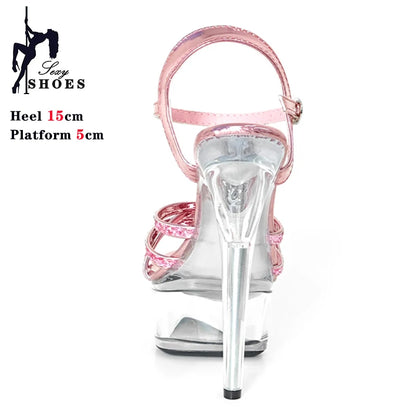 New Women Slippers Fashion Female Models Station Catwalk Show Sexy Crystal Transparent Shoes Summer 15cm Thin High Heels Sandals