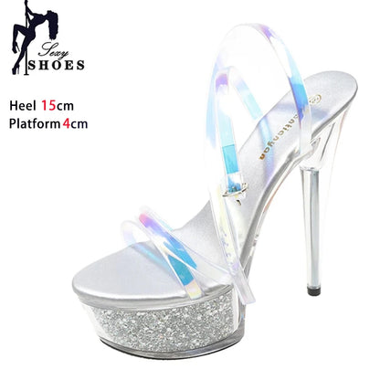 New Women Slippers Fashion Female Models Station Catwalk Show Sexy Crystal Transparent Shoes Summer 15cm Thin High Heels Sandals
