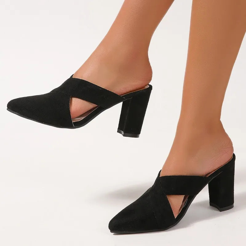 Women Leopard Heels Slippers Summer Fashion Suede Cross Strap High Heels Big Size Ladies Elegant Pointed Toe Slingback Sandals