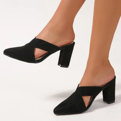 Women Leopard Heels Slippers Summer Fashion Suede Cross Strap High Heels Big Size Ladies Elegant Pointed Toe Slingback Sandals