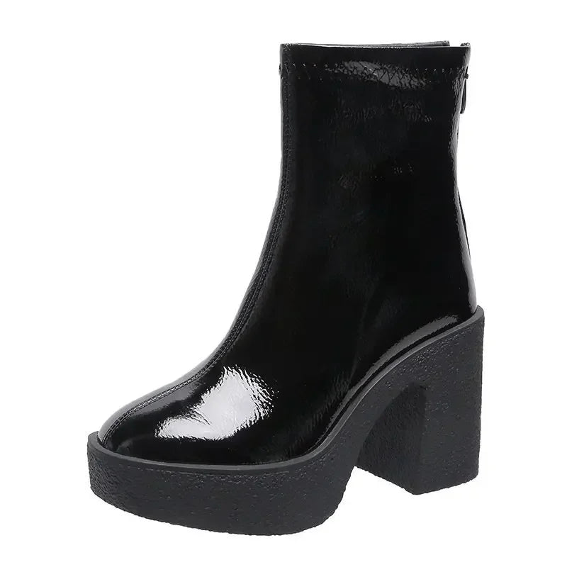 2025 New Platform Women Ankle Boots Leather Fashion High Heels Shoes Trend Designer Classic Chunky Pumps Goth Winter Botas Mujer