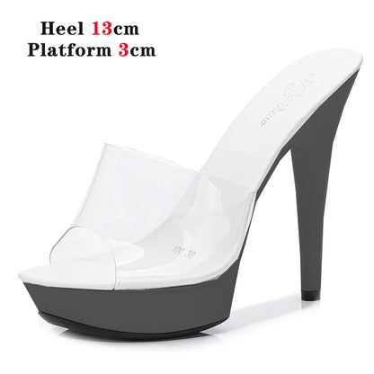 Stripper Heels Slipper female SANDAL WOMAN Summer PVC Slides Waterproof 13cm Thick Bottomed Nightclub Sexy High-heeled  Platform