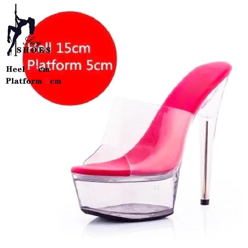 New Women Slippers Fashion Female Models Station Catwalk Show Sexy Crystal Transparent Shoes Summer 15cm Thin High Heels Sandals
